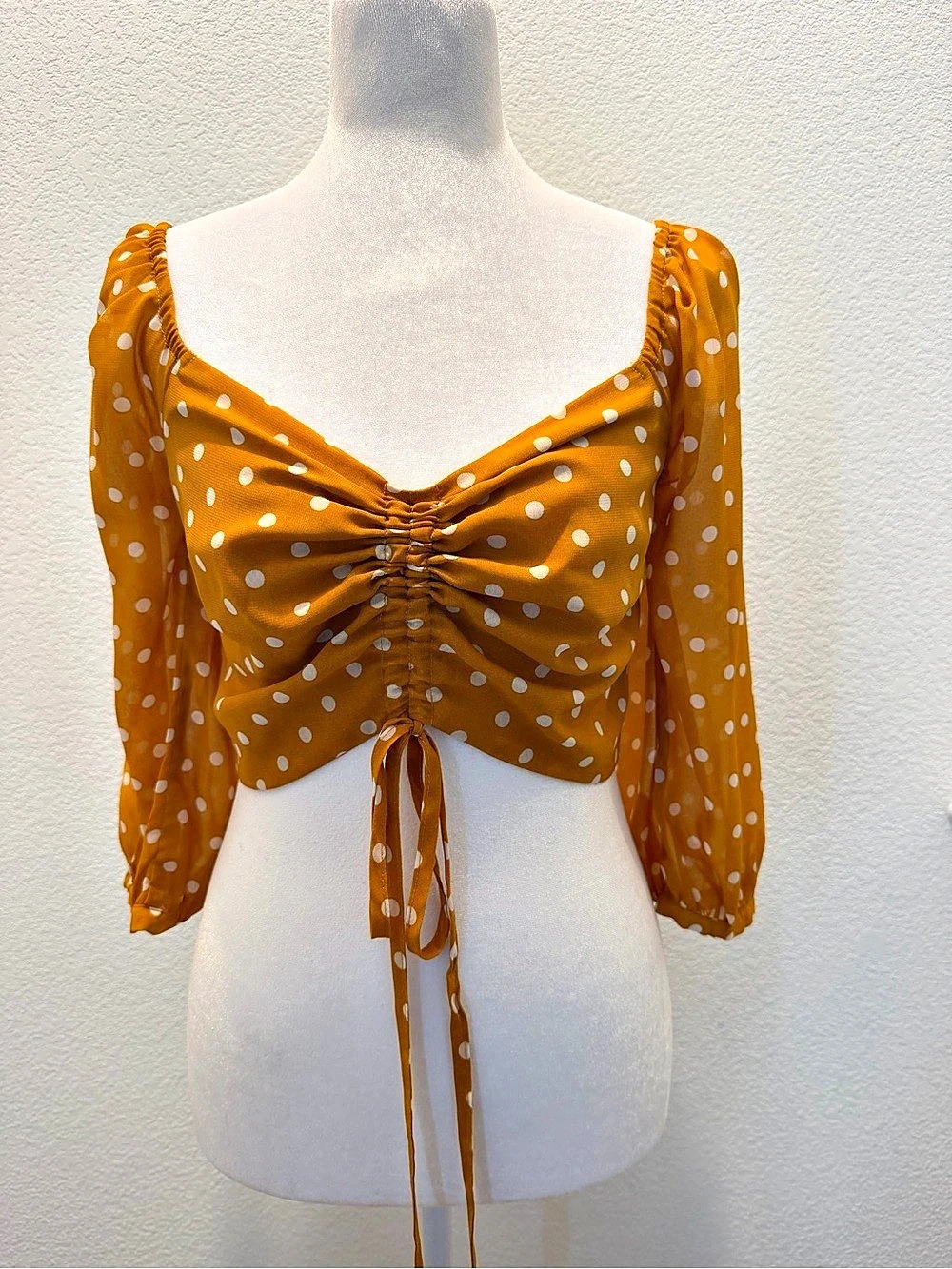 re:named - Polka Dot Ruched Crop Top in Yellow & White